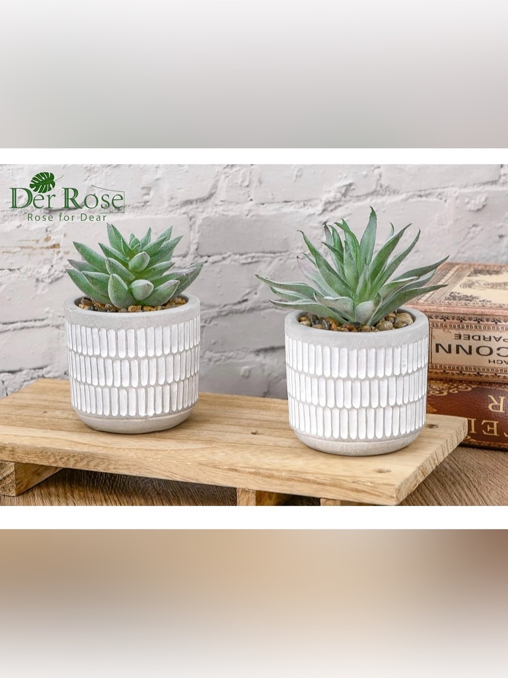 NIB Der Rose White Textured Ceramic Succulent Planter Faux Plants- Set of 2